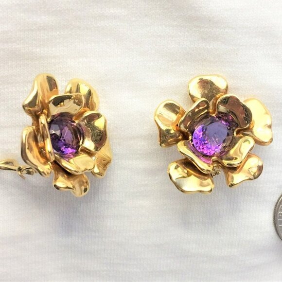 14k Gold HEAVY 10.0g Omega Pierced Omega Amethyst Flower Earrings 14 K Italy